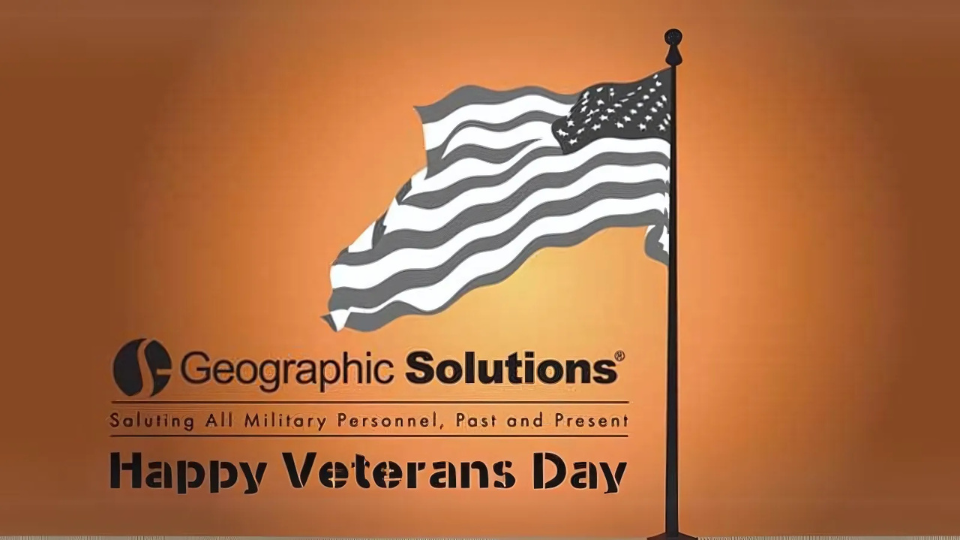 An illustration of a waving American flag on a flagpole against an orange background. Below, the text reads 'Geographic Solutions: Saluting All Military Personnel, Past and Present. Happy Veterans Day'